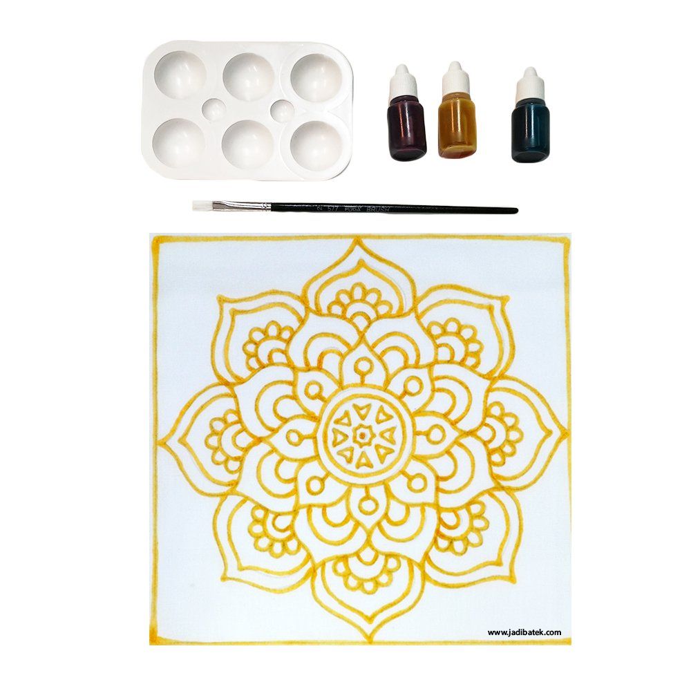 Kit for painting a mandala on a square canvas, with paint bottles, palette, and brush.
