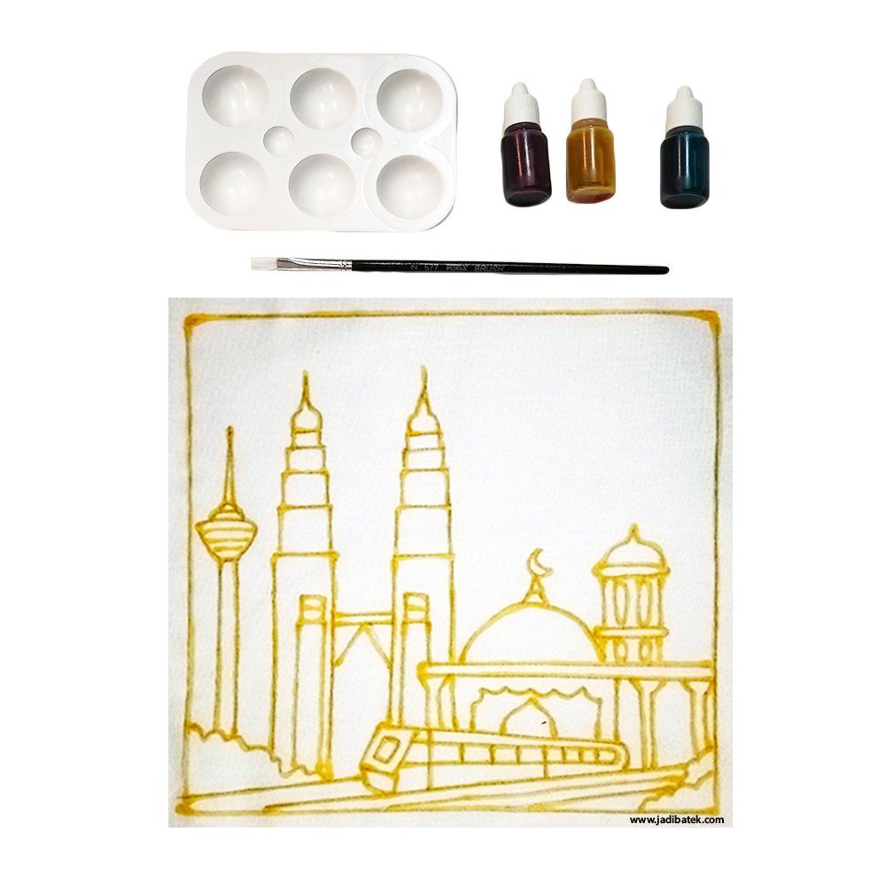 Paint set with a mosque and city skyline outline, paint colors, palette, and brush.