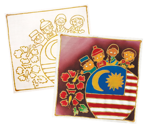 Two batik paintings of Malaysian children, flag, and hibiscus flowers. One is colored, the other outlined.