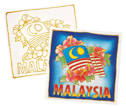 Two square art pieces featuring the Malaysian flag, hibiscus flowers, and the word 