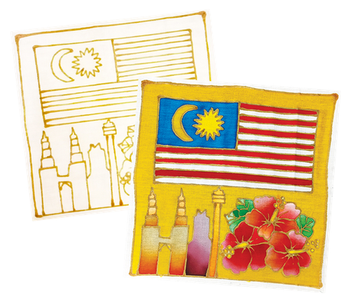 Two batik artworks: one blank outline, one colored, featuring the Malaysian flag, buildings, and hibiscus flowers.