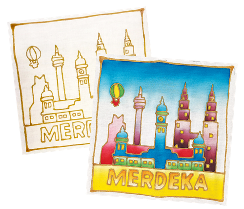 Two illustrations: one blank outline, one painted. Both show Jakarta skyline and the word 