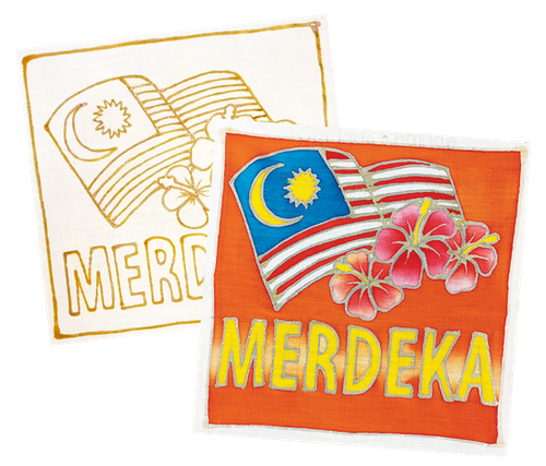 Two Malaysian flag batik artworks: one outlined, one colored. Both display the flag, hibiscus, and 