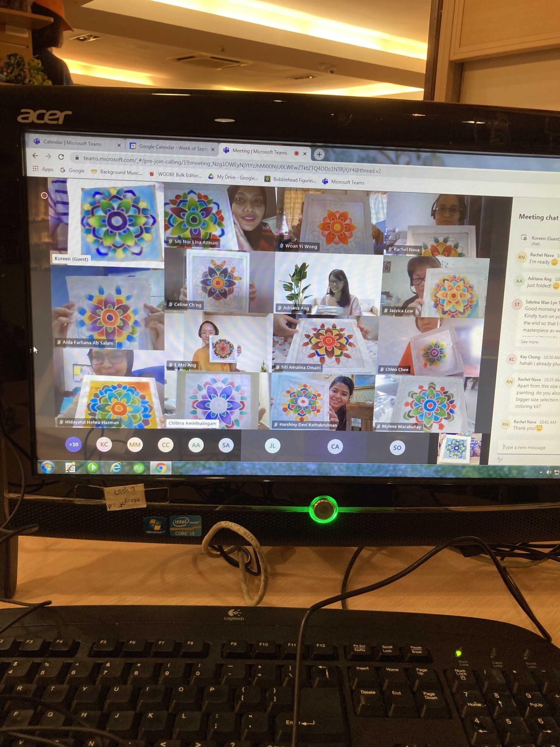 Participants in a virtual art class display colorful mandala art on screen.