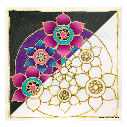 Silk-painted square with floral design. Black and white split background with colorful flowers in gold outline.