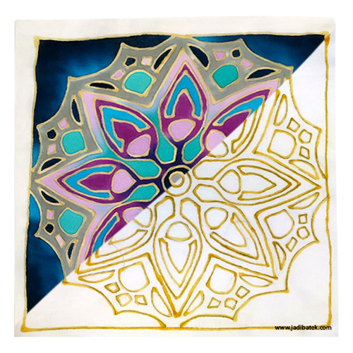 Colorful geometric floral design split diagonally; one side dark blue and other white with gold accents.