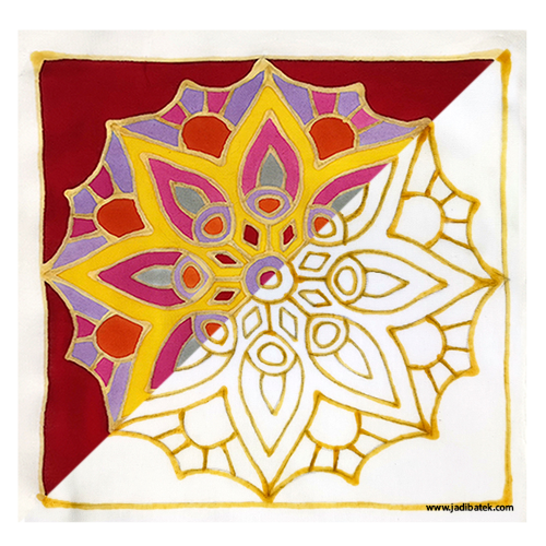 Colorful, half-painted mandala on red and white background.