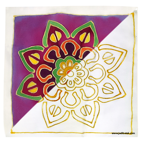 Half-colored and half-outlined floral design on a square silk scarf with a purple and white background.