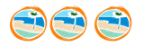 Três círculos com uma praia e palmeiras neles
