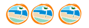 Três círculos com uma praia e palmeiras neles
