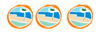 Três círculos com uma praia e palmeiras neles
