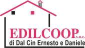 Logo per EDILCOOP snc, con il contorno di un tetto rosa e i dettagli di una casa nera sopra il nome dell'azienda.