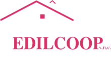 Logo EDILCOOP rosa con contorno di tetto rosso e piccola icona di finestra sopra il nome dell'azienda.
