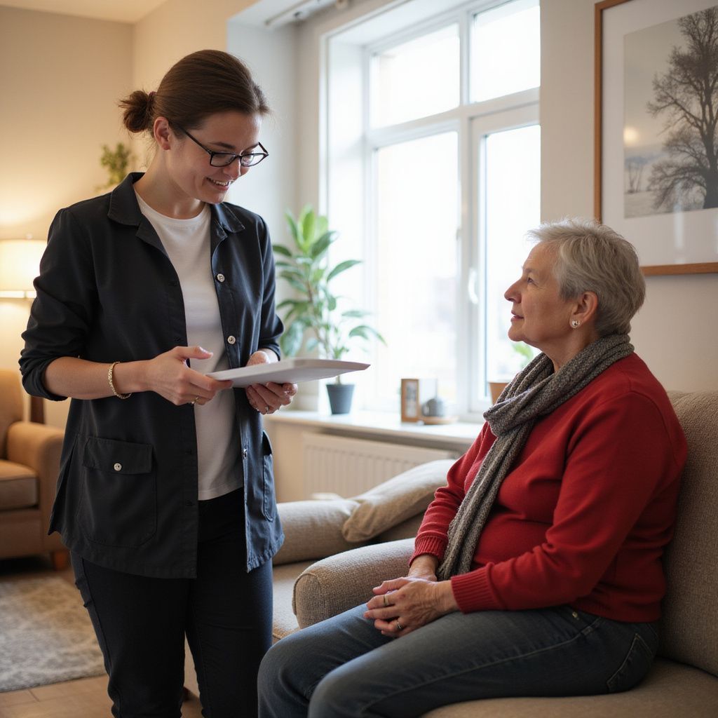 Woman in black jacket with glasses talking to seated older woman in red sweater.