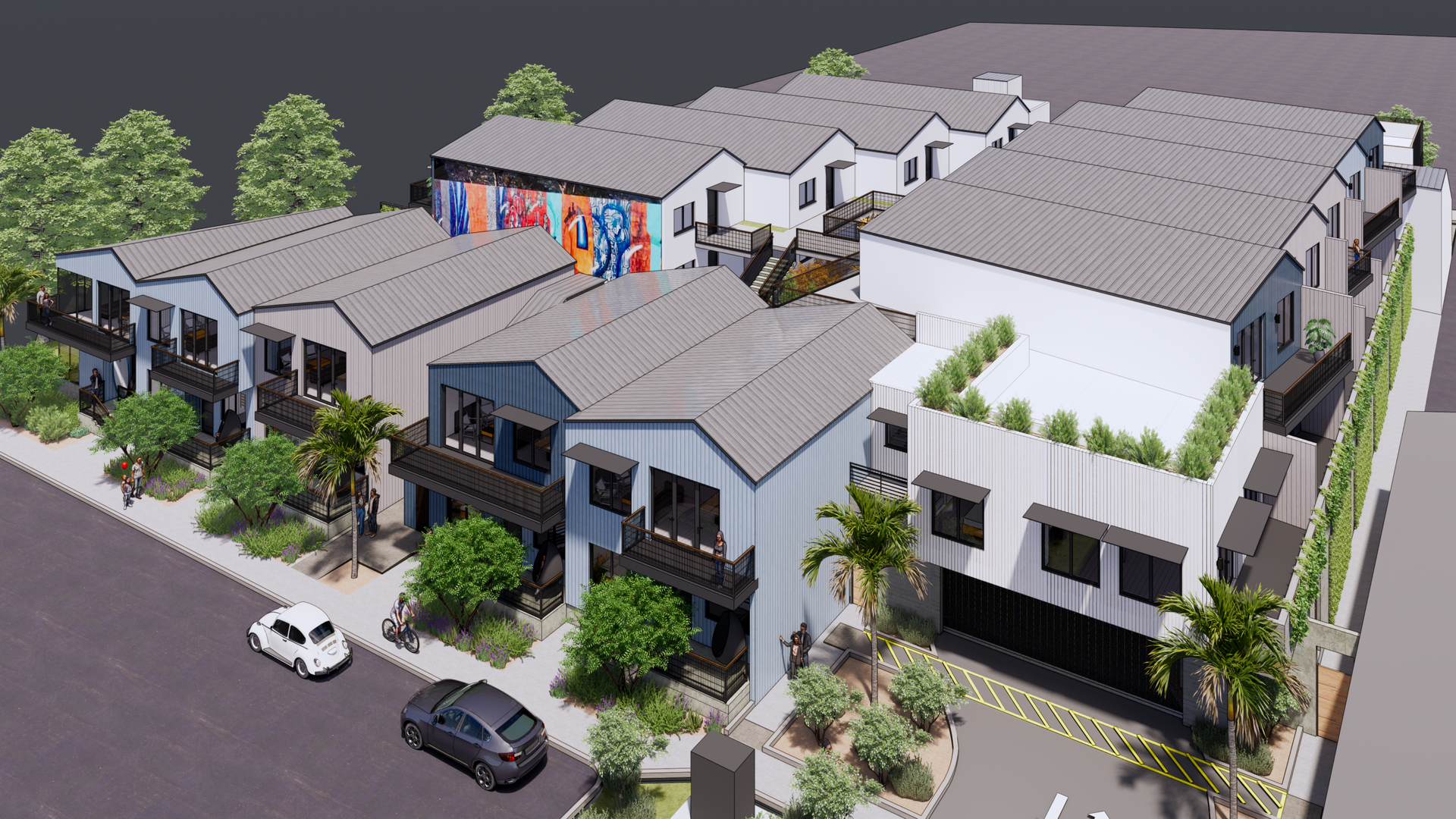 Rendering of modern multi-unit buildings with gray roofs, white walls, and some with balconies.