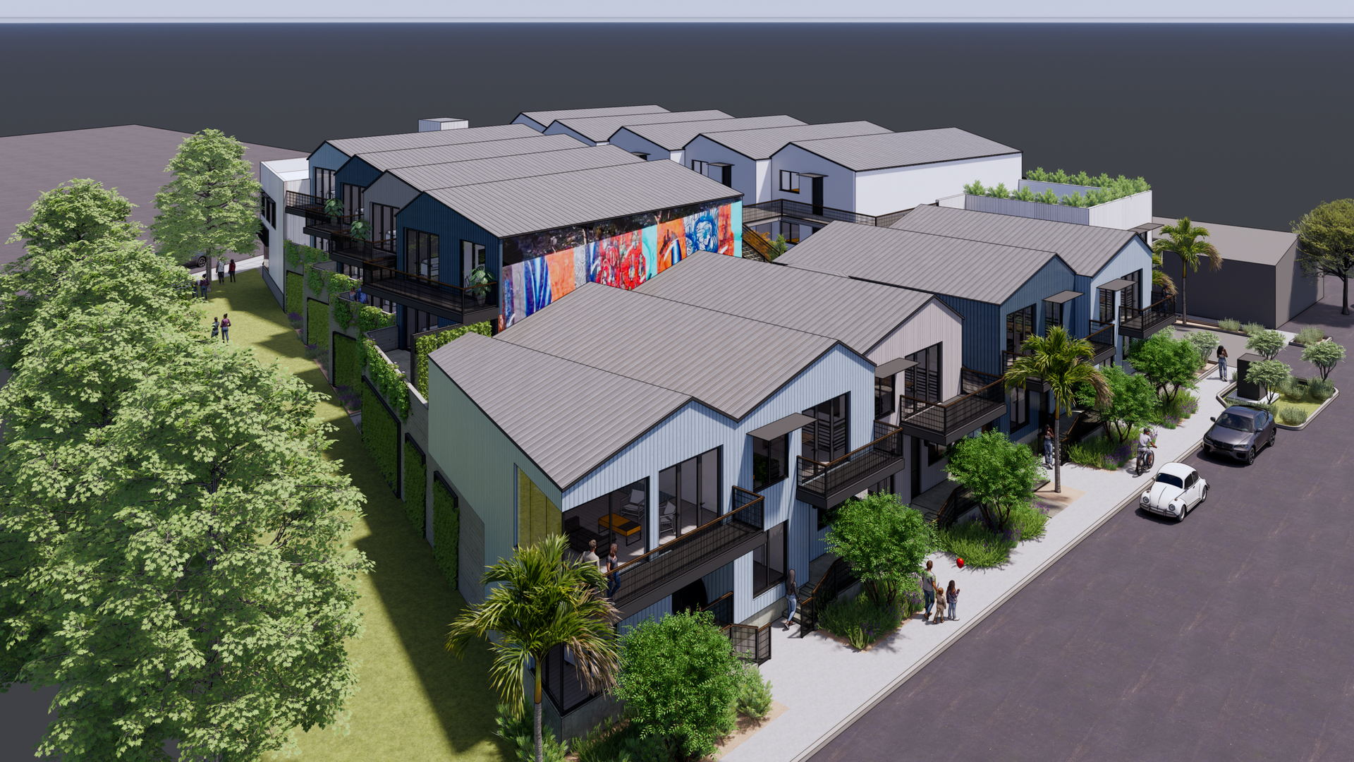 Residential buildings with gray roofs and balconies. Some have murals. Palm trees and cars on street.
