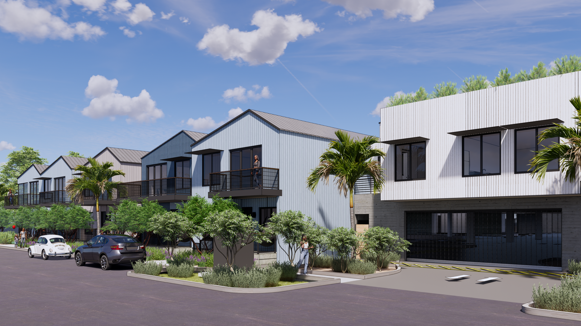 Modern townhouses with black accents, lush landscaping, parked cars, and cloudy sky.