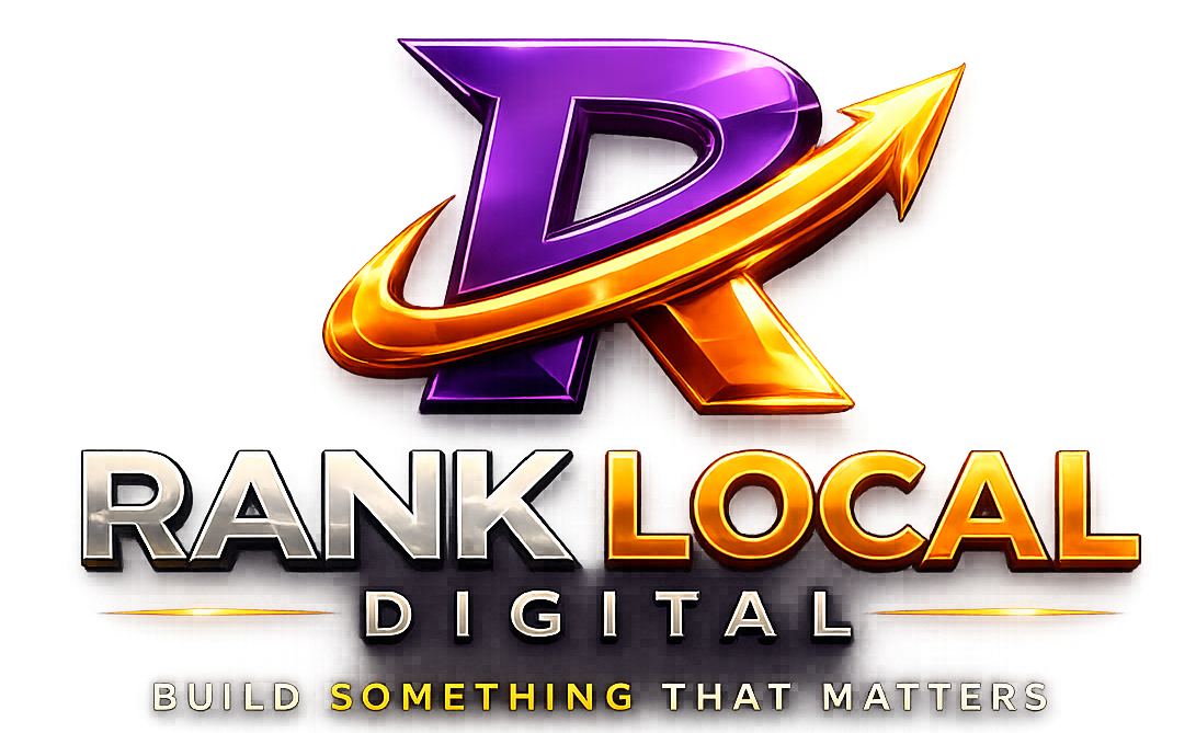 Rank Local Digital logo with purple and gold stylized R and orange arrow, white background