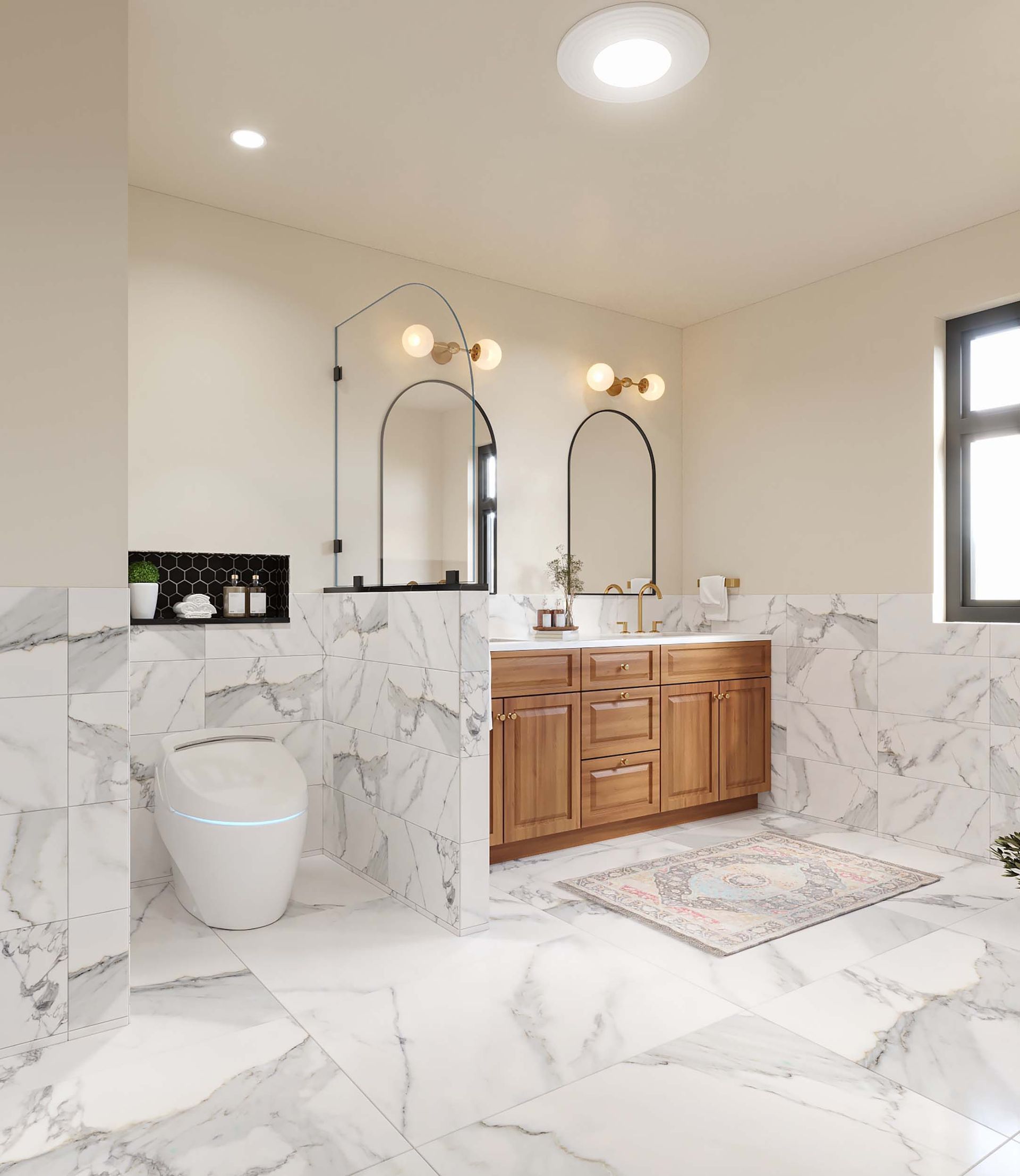 Bathroom with marble tile, wood vanity, arched mirrors, and modern toilet.