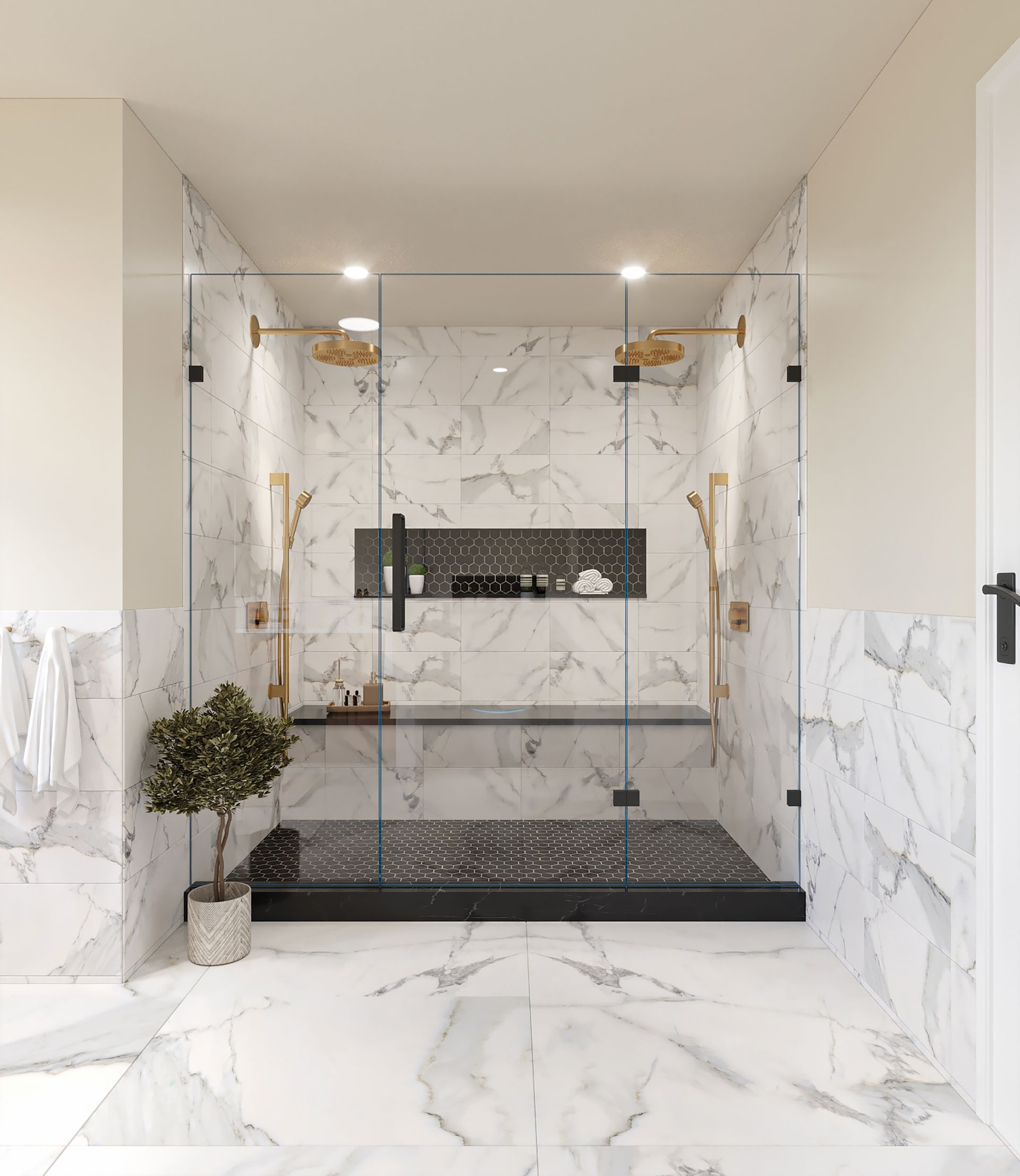 Luxurious marble shower in Simsbury, CT with gold fixtures, glass doors, and black stone floor.