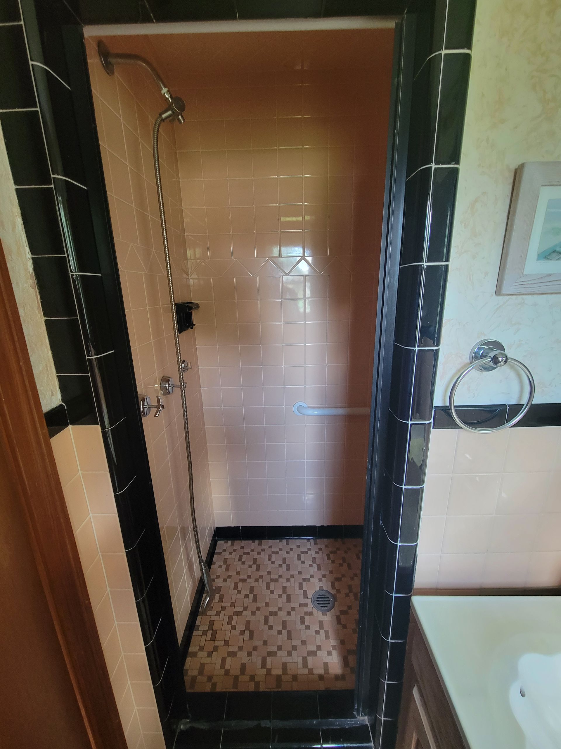 A bathroom with a walk in shower and a sink.