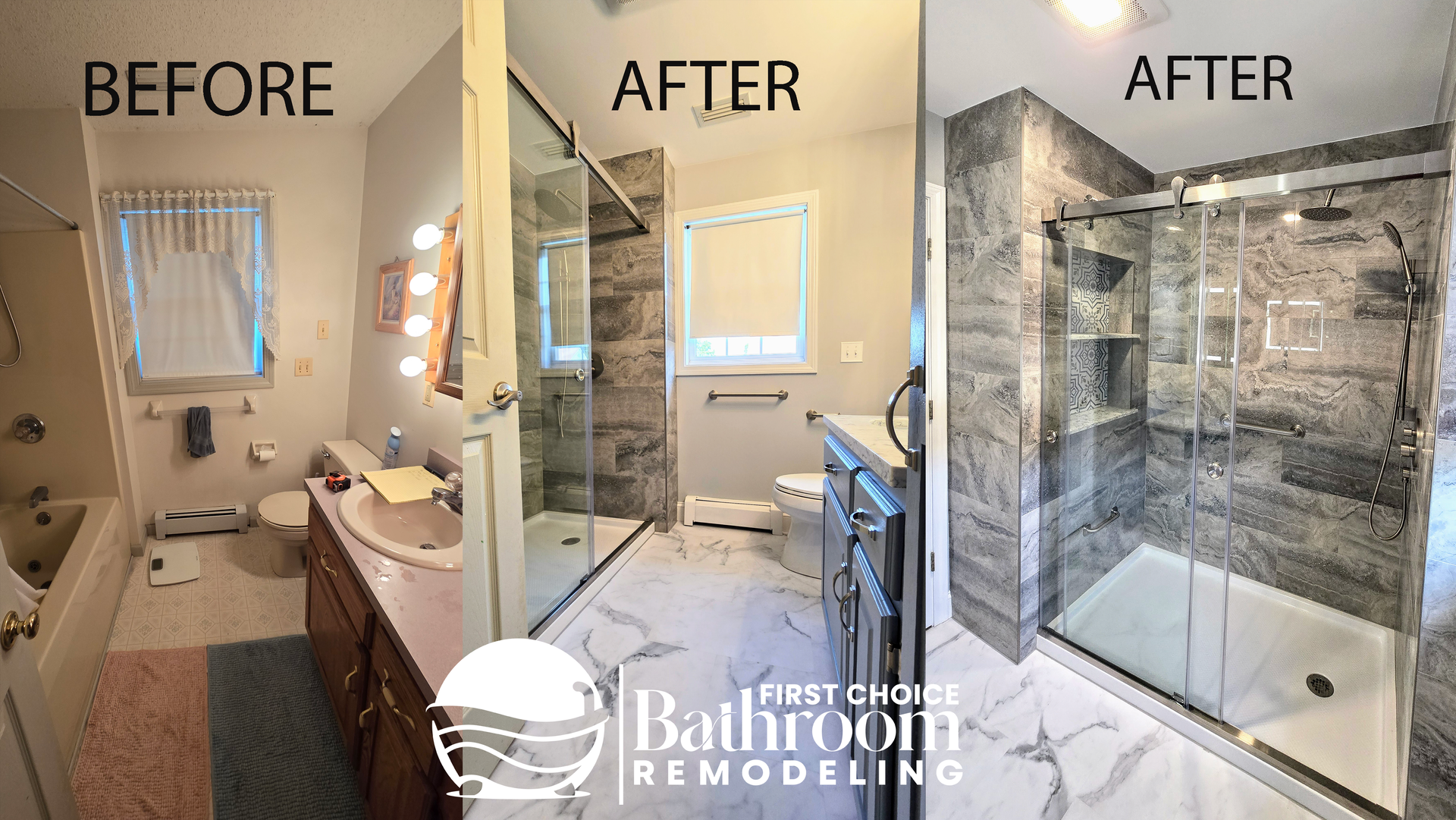 A before and after photo of a bathroom remodel.