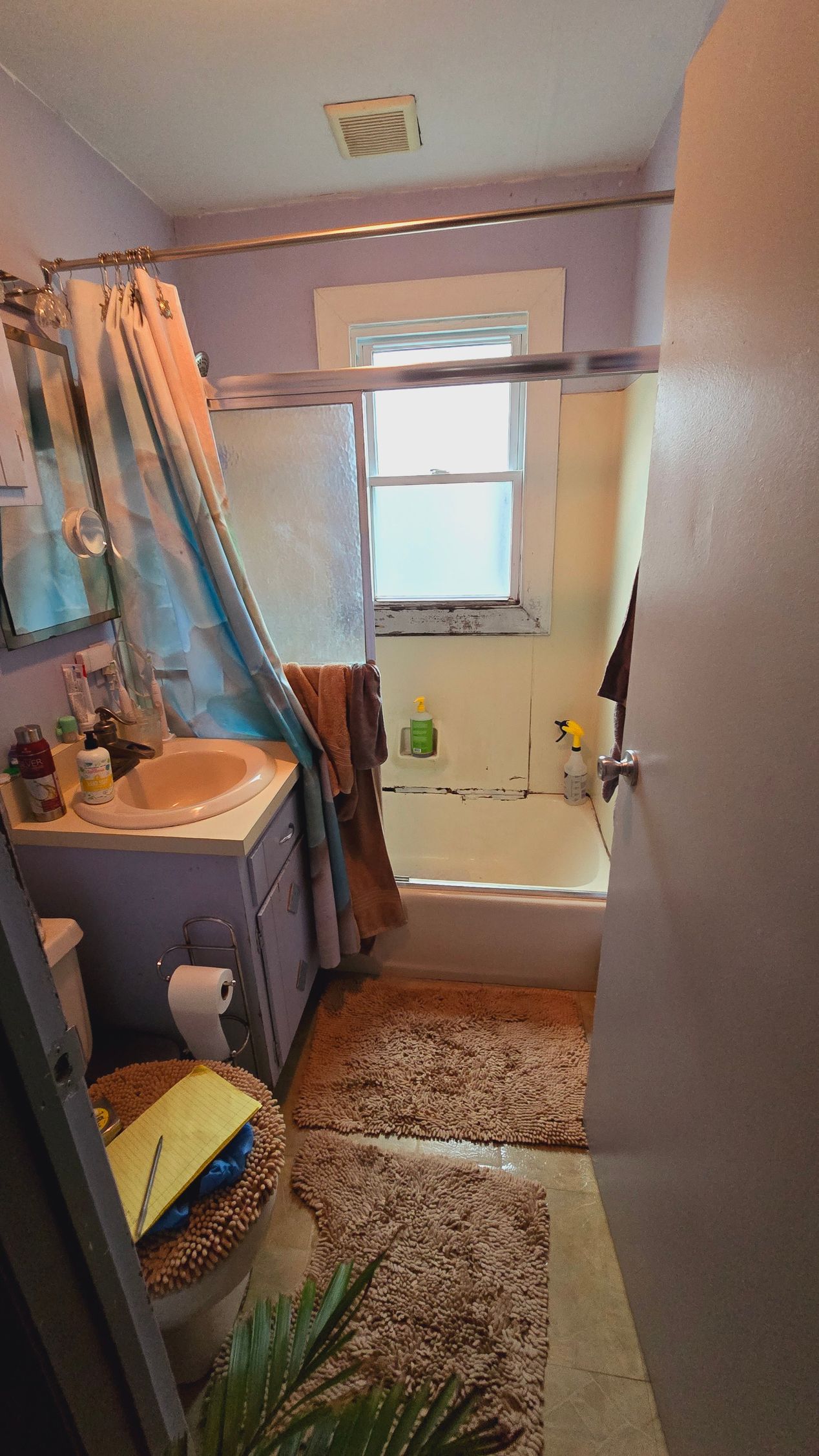 A bathroom with a sink , toilet , shower and window.