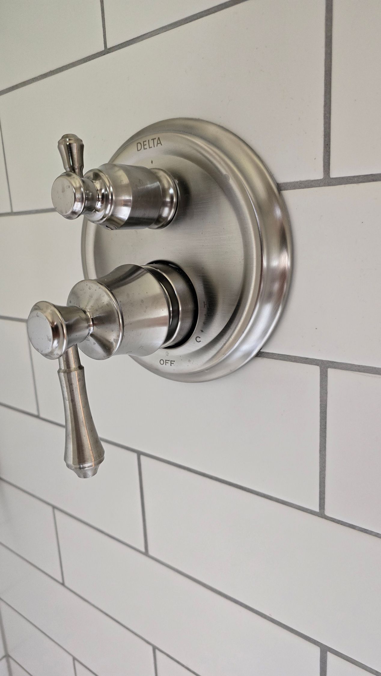 Brushed nickel shower valve and handle on white tiled wall.
