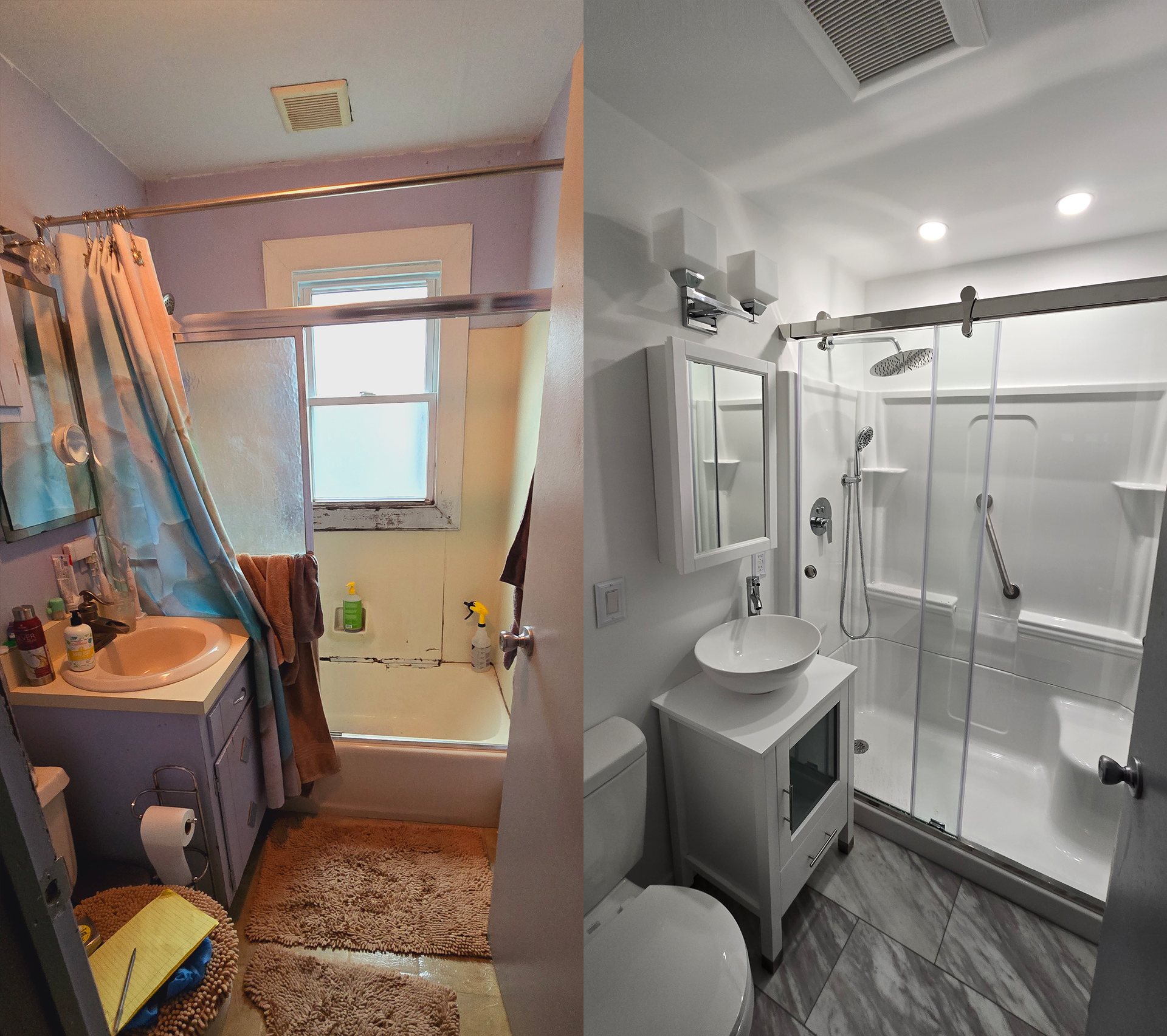 A before and after photo of a bathroom with a sink and toilet