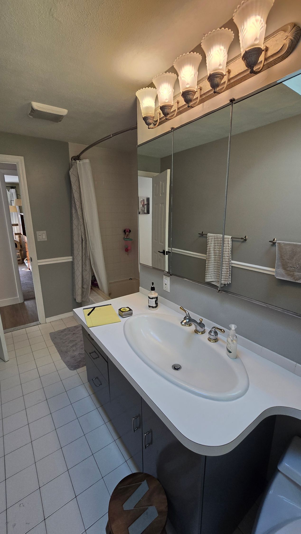 Bathroom with a white sink, gray cabinets, and a large mirror.