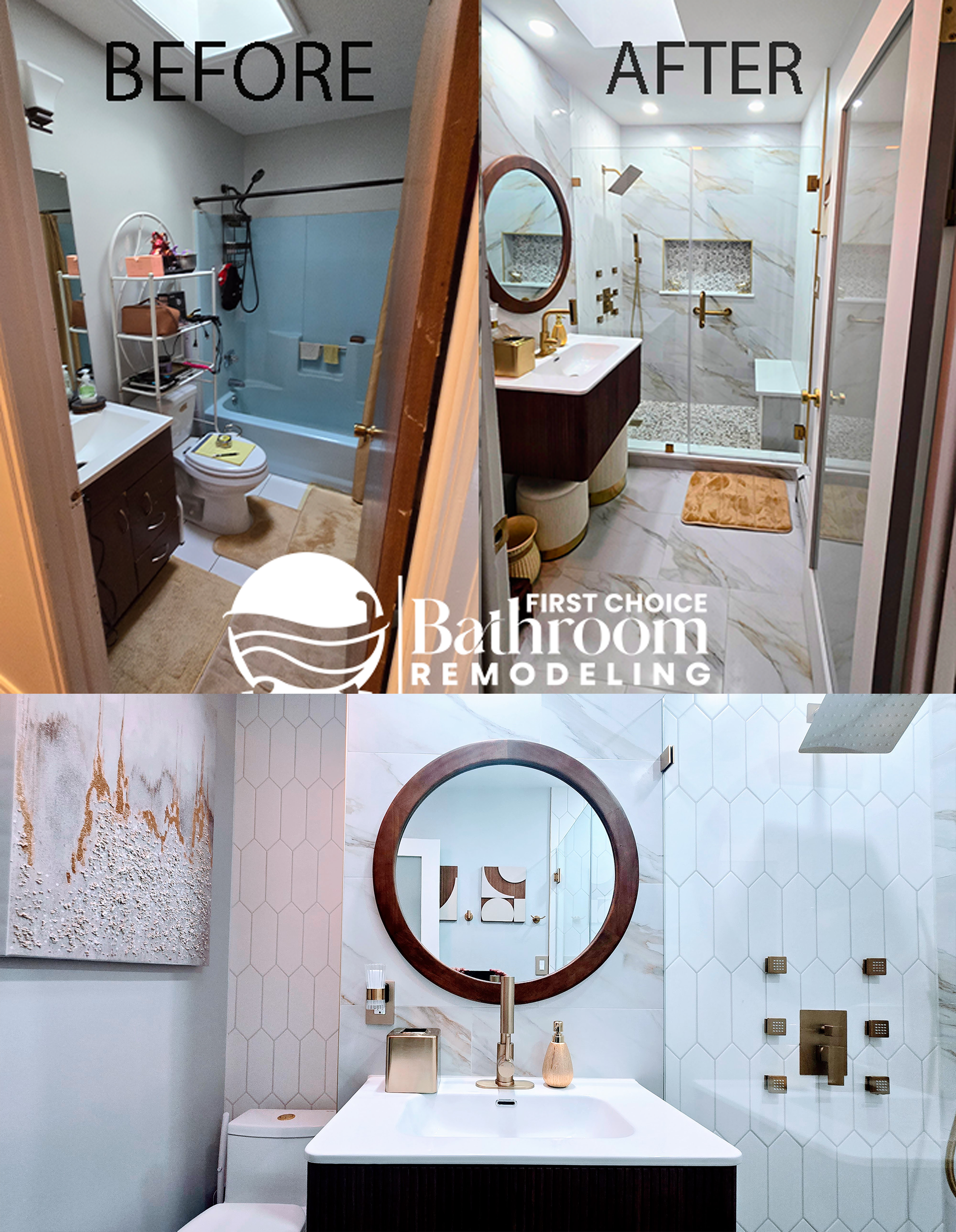 Bathroom remodel before and after. A dark wood vanity and accent tiles are featured.