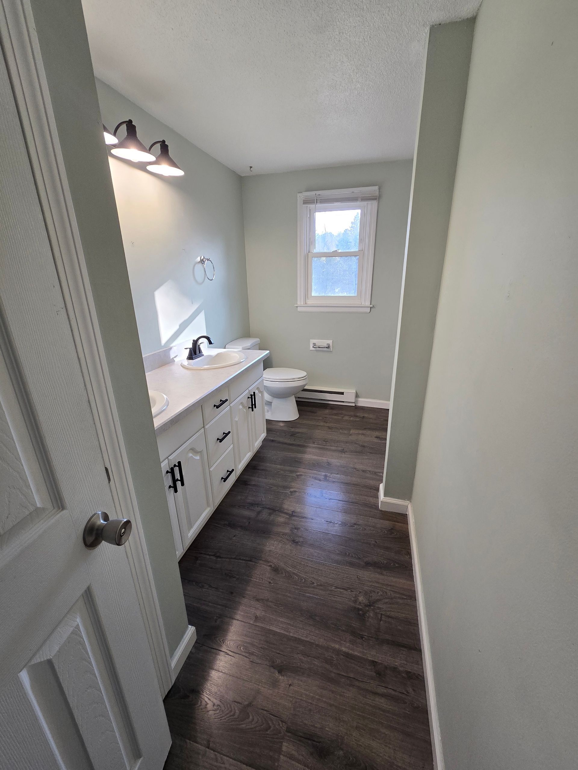 A bathroom with a sink , toilet , and window.