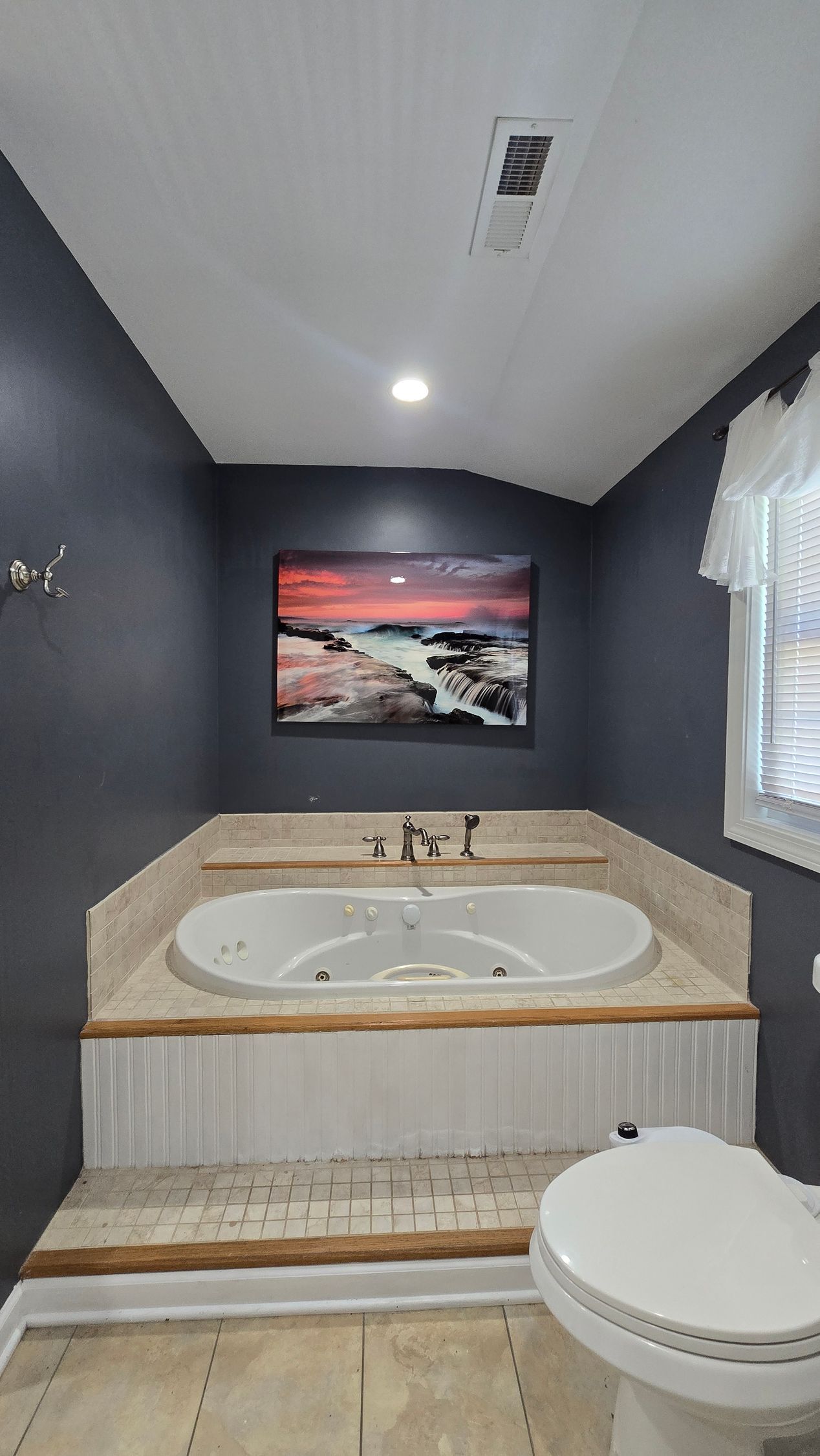 Bathroom with a built-in jacuzzi tub, dark blue walls, and a sunset painting above the tub.