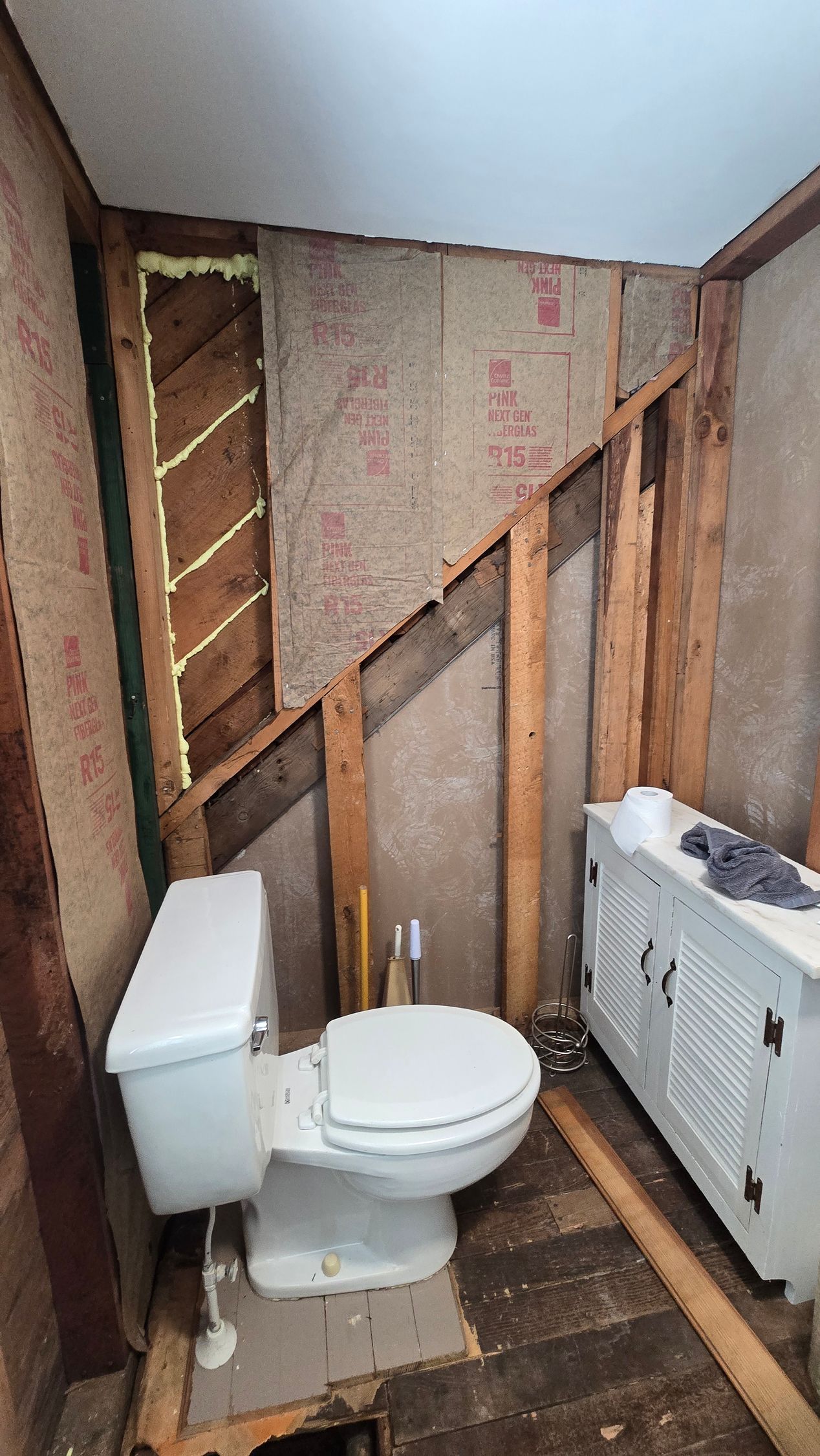 Partially stripped bathroom with toilet, exposed insulation, and unfinished wall framing