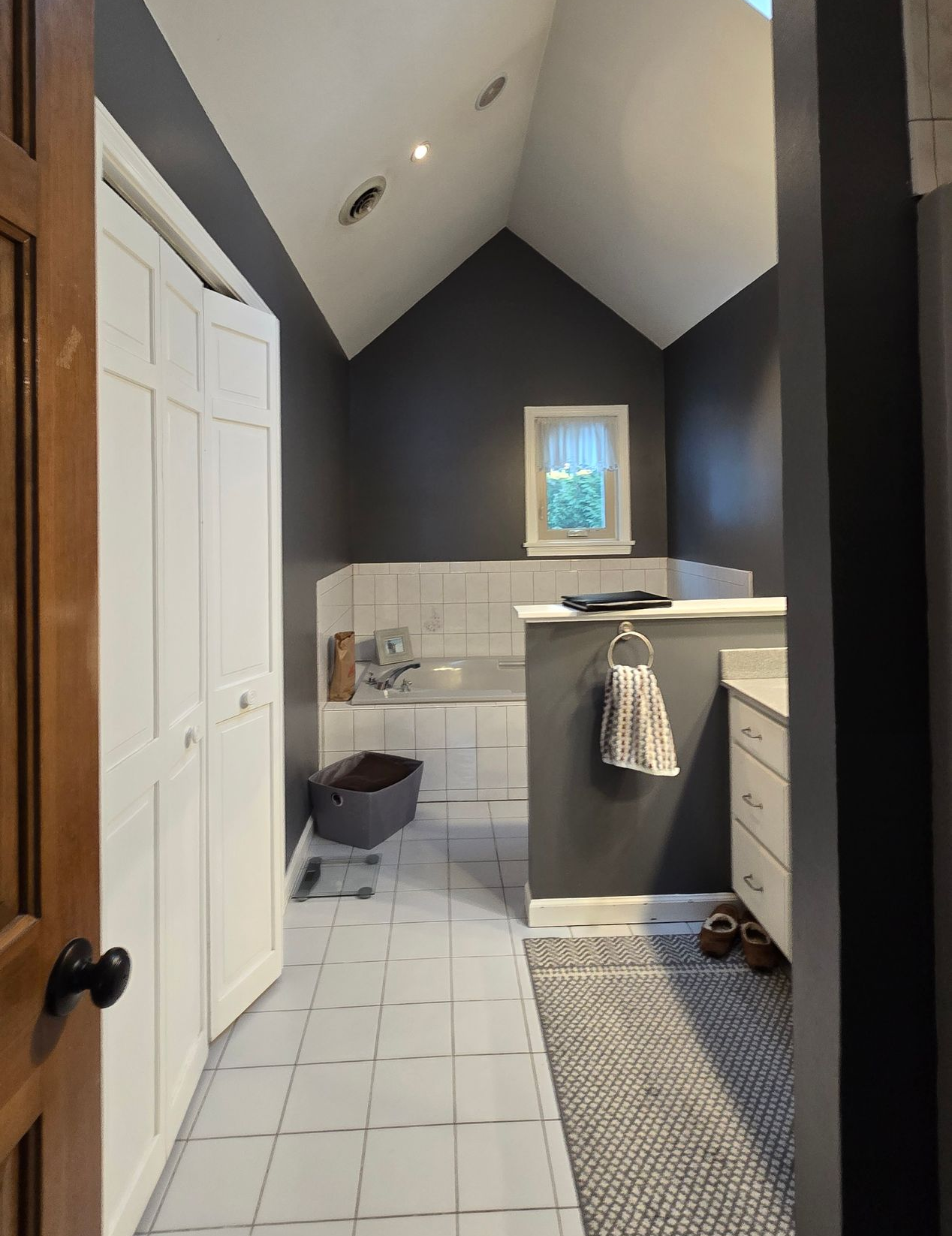 Narrow bathroom with gray walls, white tile, skylight, and a vanity with towel and rug