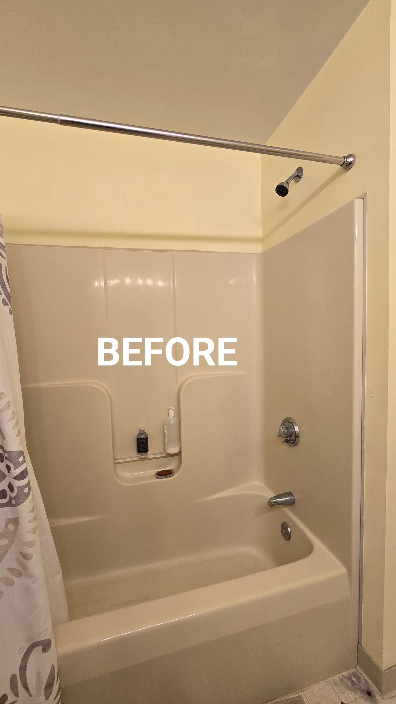 BEFORE Bathtub shower before photo with beige walls, shower curtain, and grab bar. By First Choice Bathroom Remodeling done in Plainville CT.