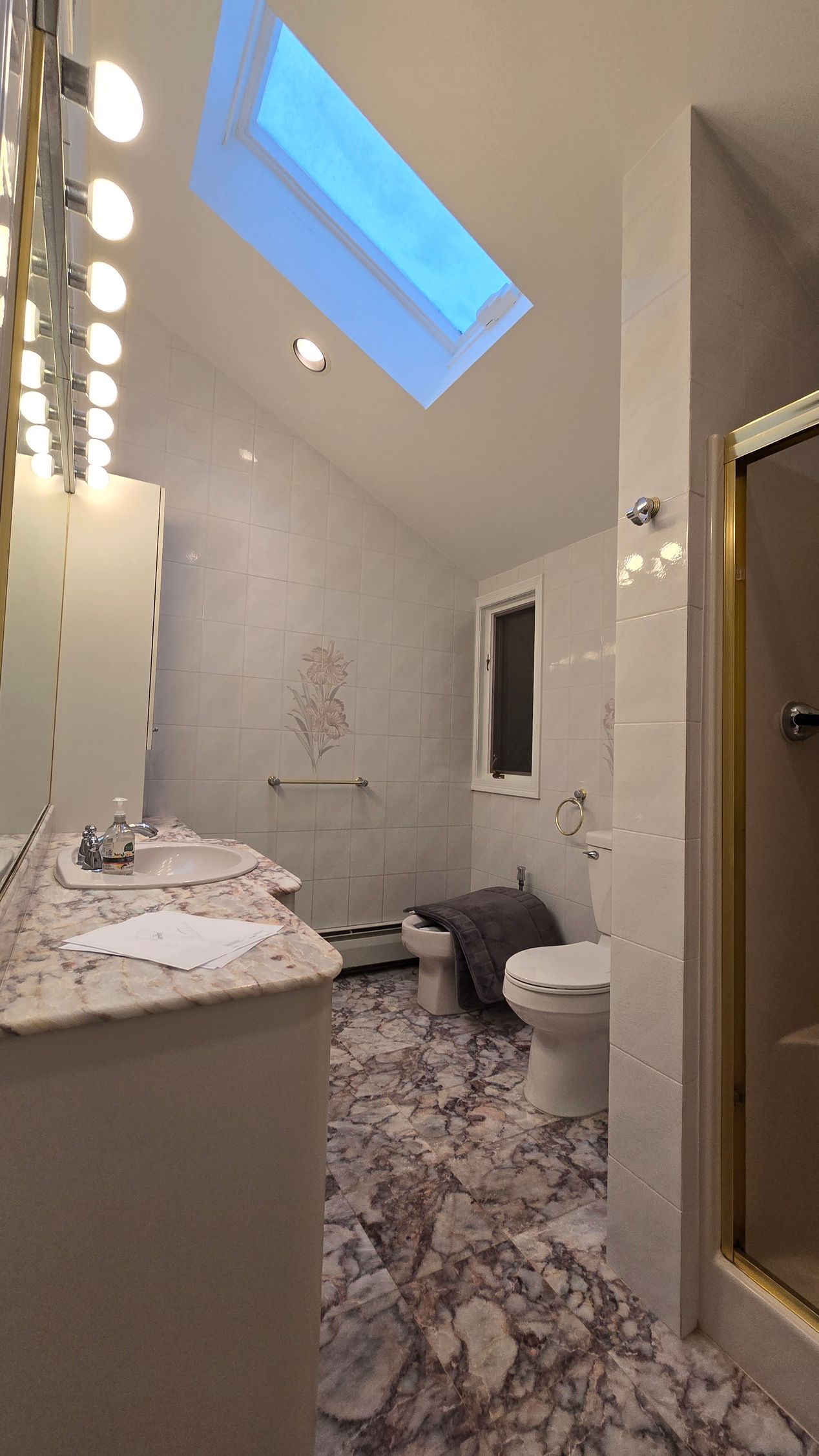 Narrow bathroom with skylight, vanity, toilet, shower, and marble-pattern floor and walls