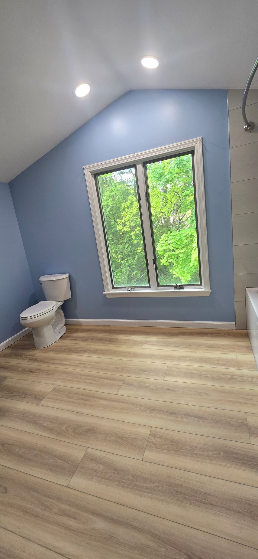 Empty blue room with wood flooring, a window, and a toilet in the corner.