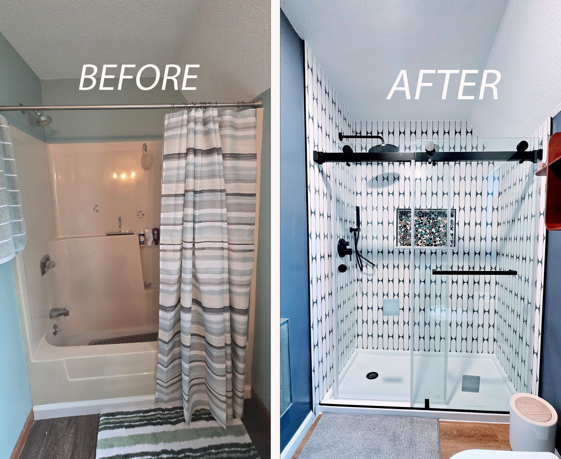 Split bathroom shower before-and-after: tub with curtain on left, glass walk-in shower on right.