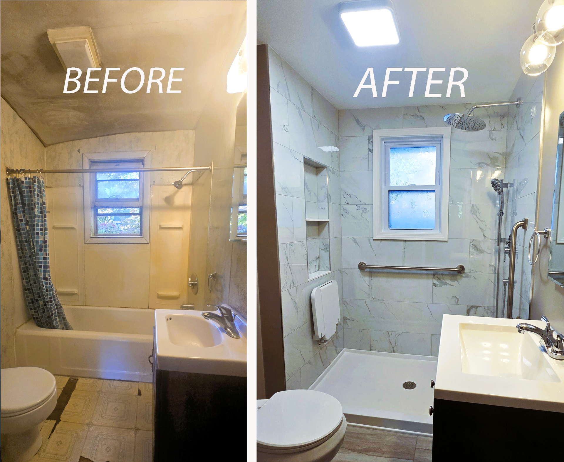 Before-and-after bathroom remodel: dingy beige tub area changed to a bright white shower and vanity.