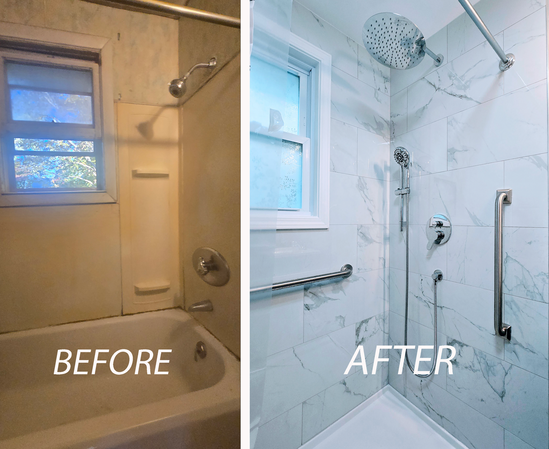 Before-and-after bathroom shower renovation, showing a beige tub area transformed into a white tiled walk-in shower.