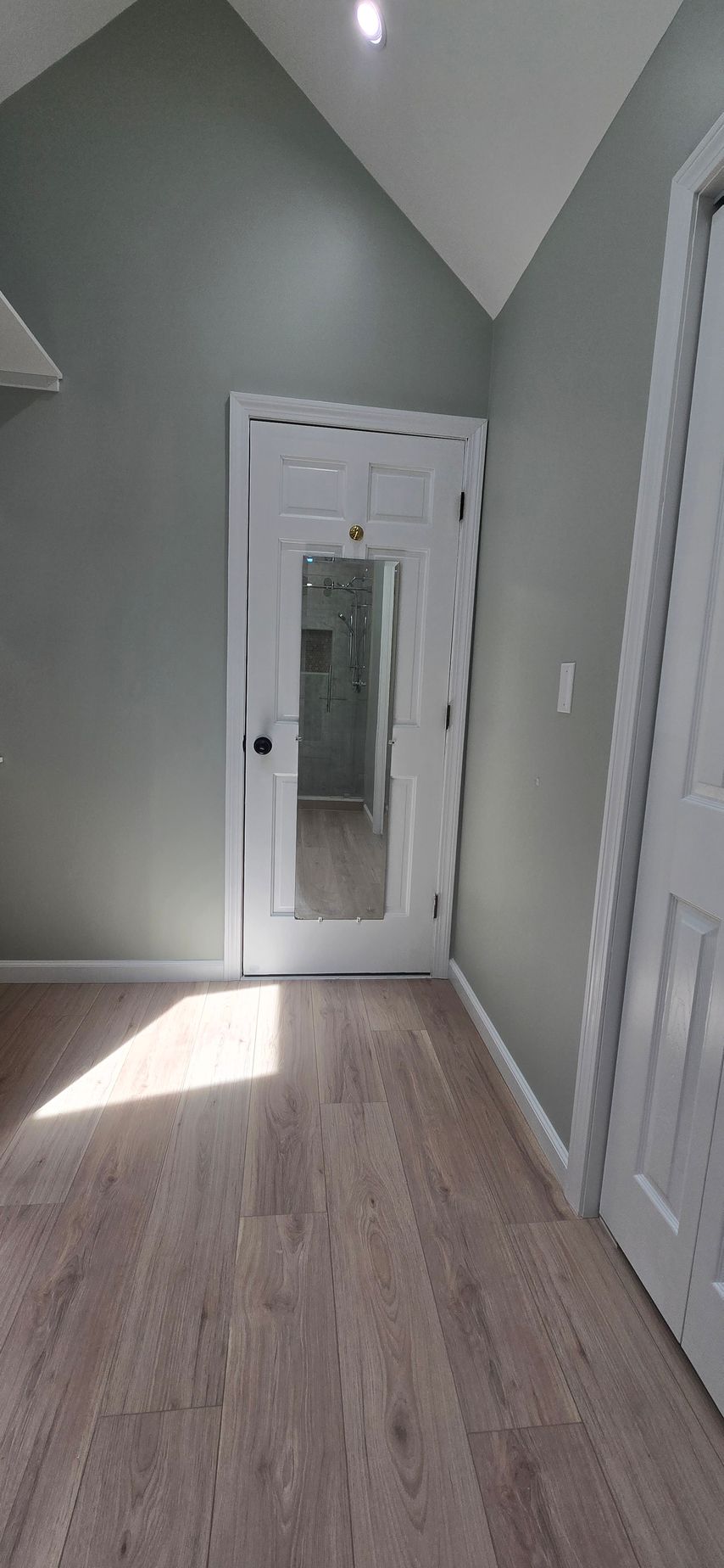 Empty hallway with gray walls, light wood floor, white doors, and sunlight on the floor.