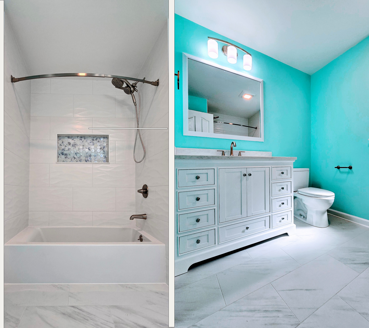 Bathroom remodel: white tub and tile shower beside a bright teal bathroom with vanity and toilet. Southbury CT