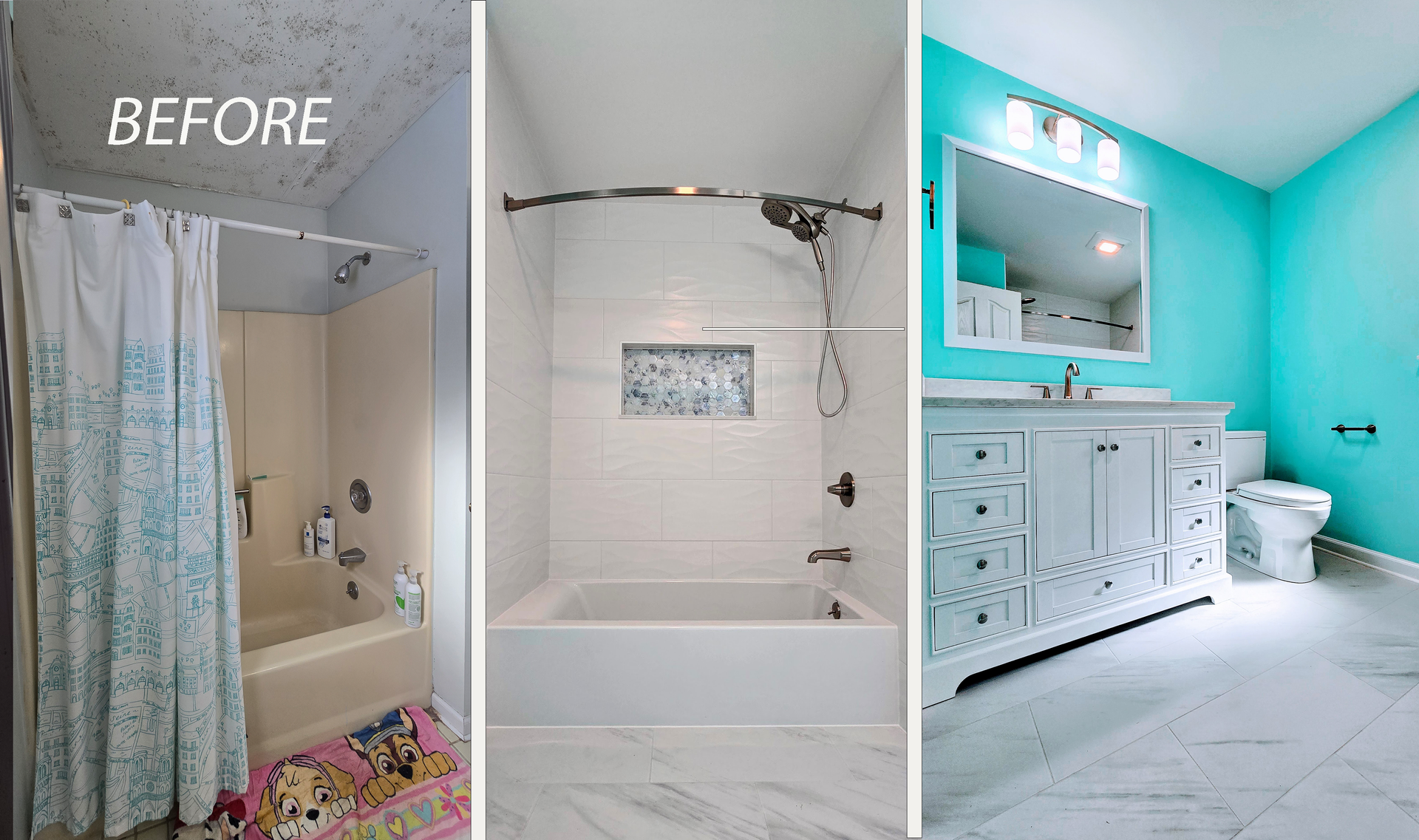Three-panel bathroom makeover: before shower curtain, plain tub, and bright white vanity with aqua walls