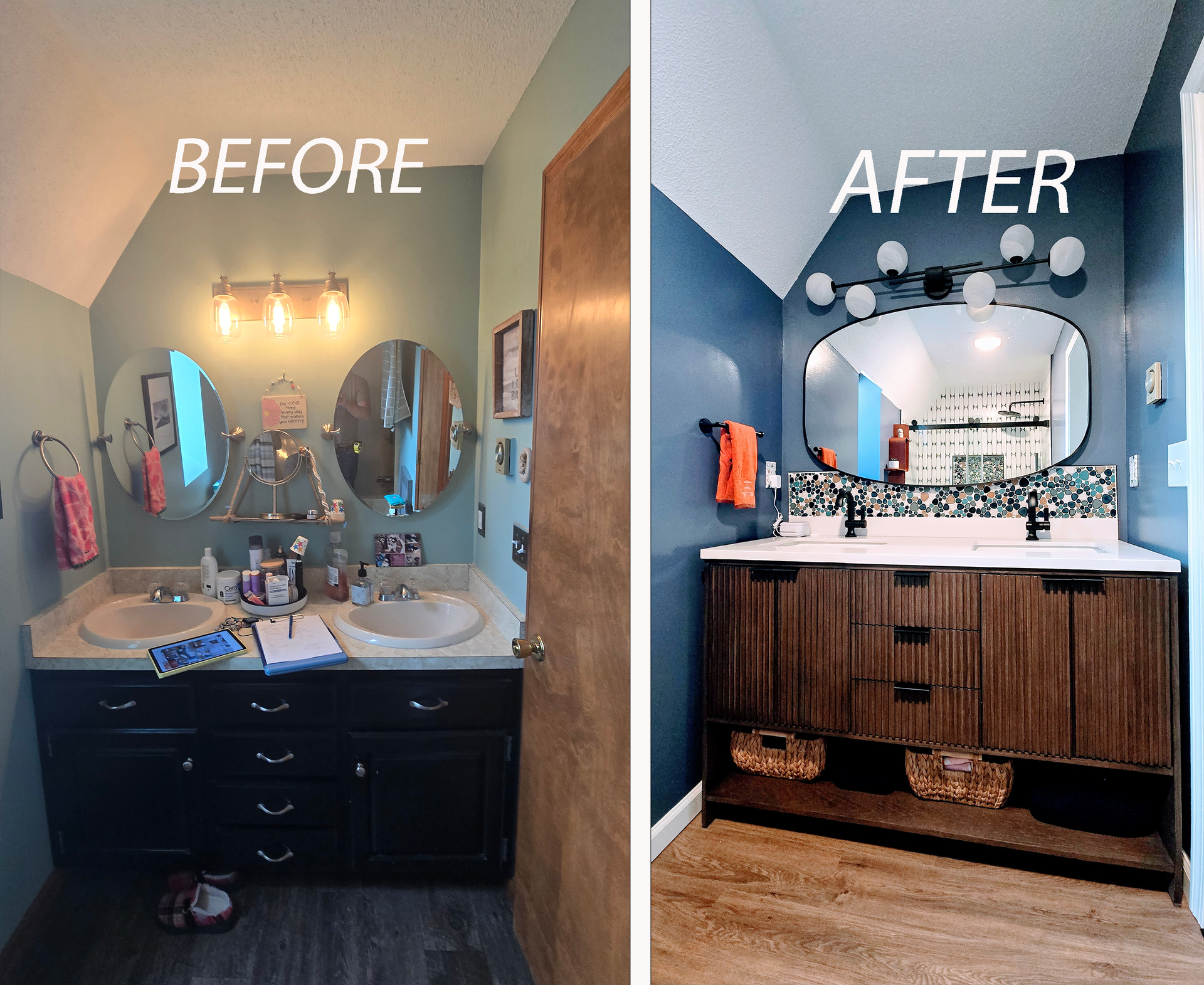 Before-and-after bathroom vanity makeover, from dark sink cabinet to bright blue walls and wood vanity.