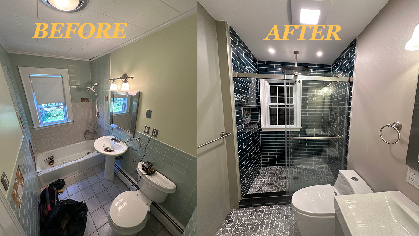 A before and after photo of a bathroom with a toilet , sink and shower.