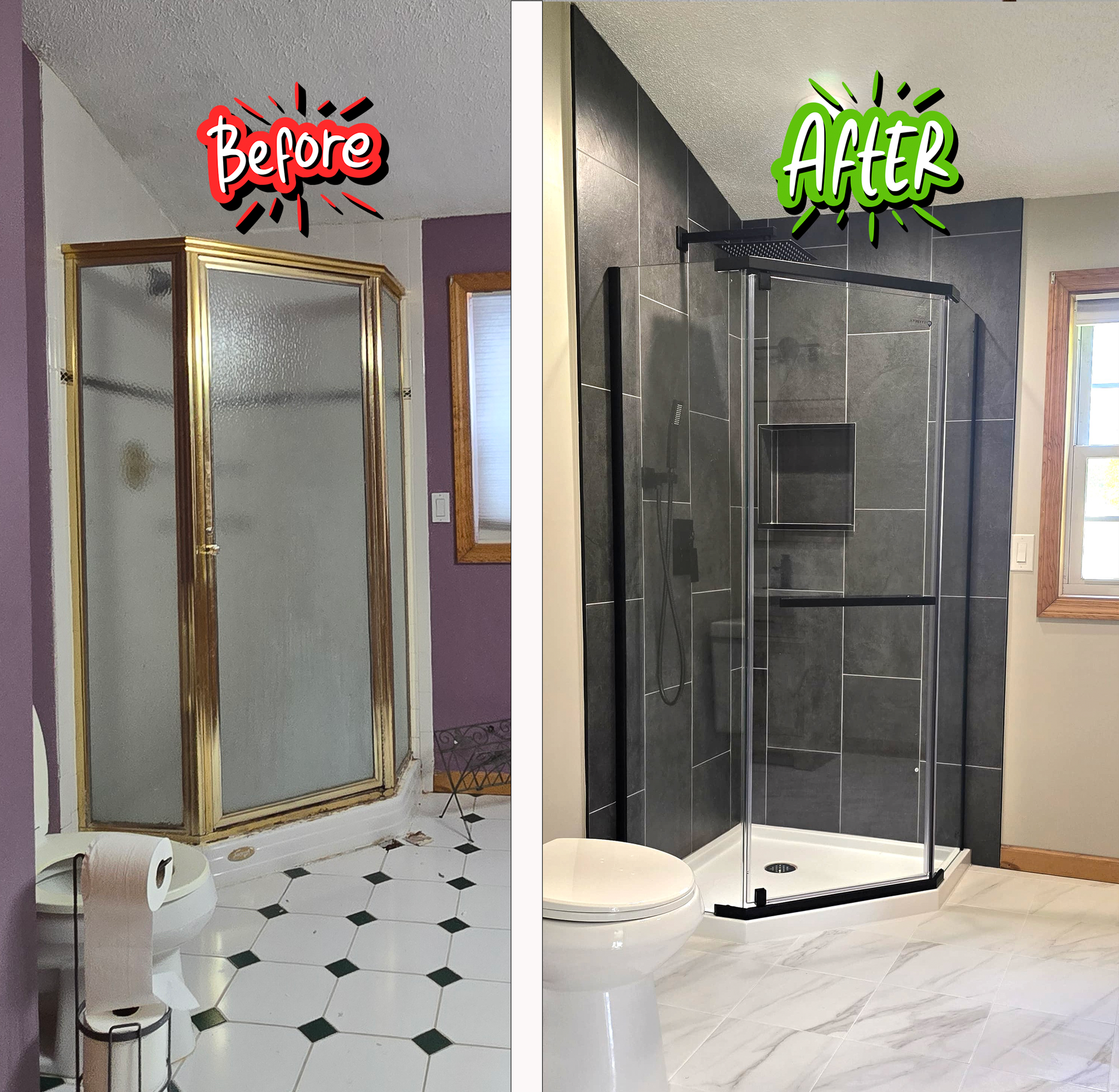 Before-and-after bathroom shower upgrade: old gold-framed stall replaced with a sleek black glass enclosure.