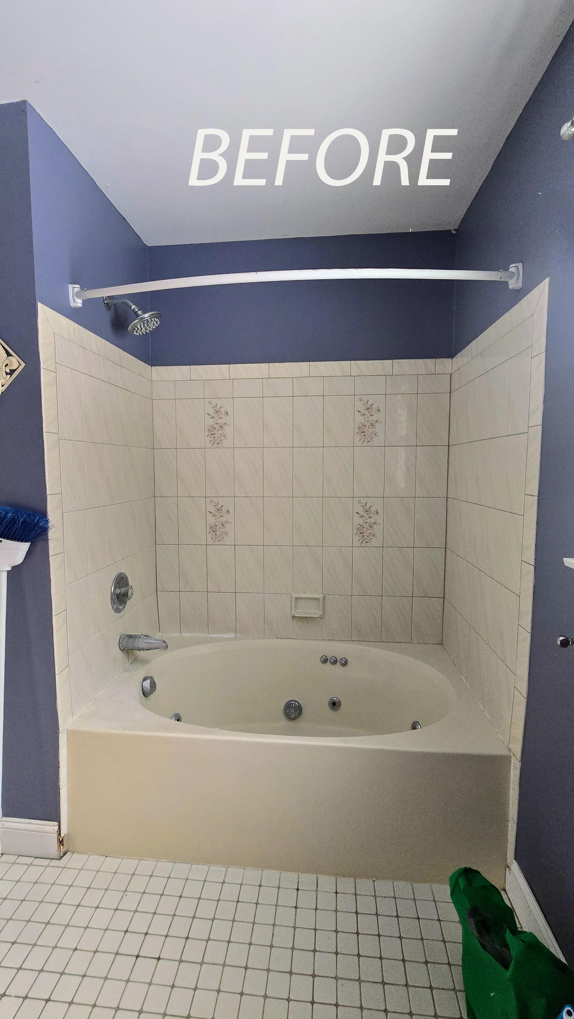 Small bathroom with a tub and tiled walls labeled “BEFORE” at the top. Southbury CT