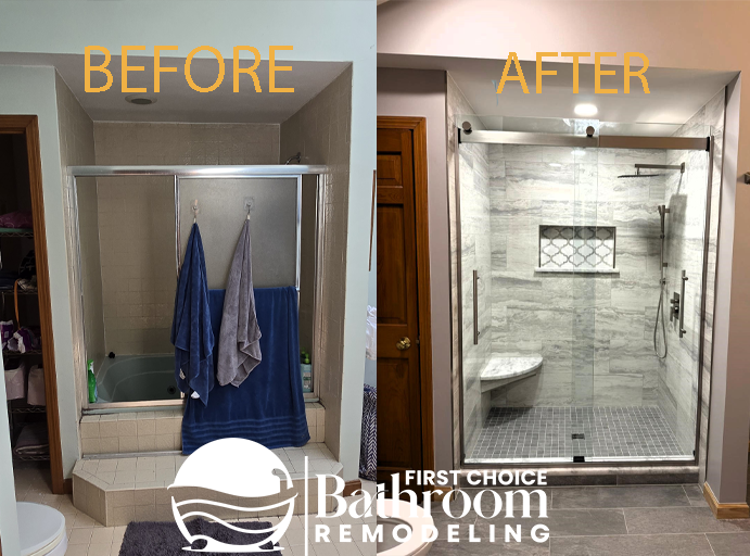 A before and after photo of a bathroom remodel.