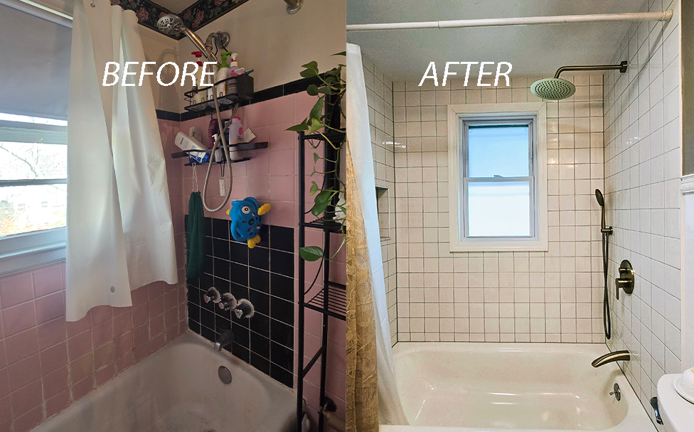 Split bathroom before-and-after: pink shower curtain replaced by white tile and a window.